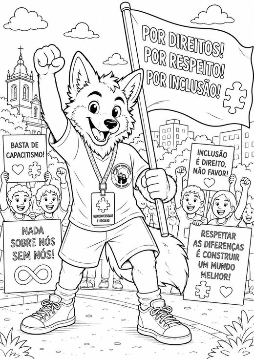Desenho do Guará na marcha por inclusão e direitos, para colorir