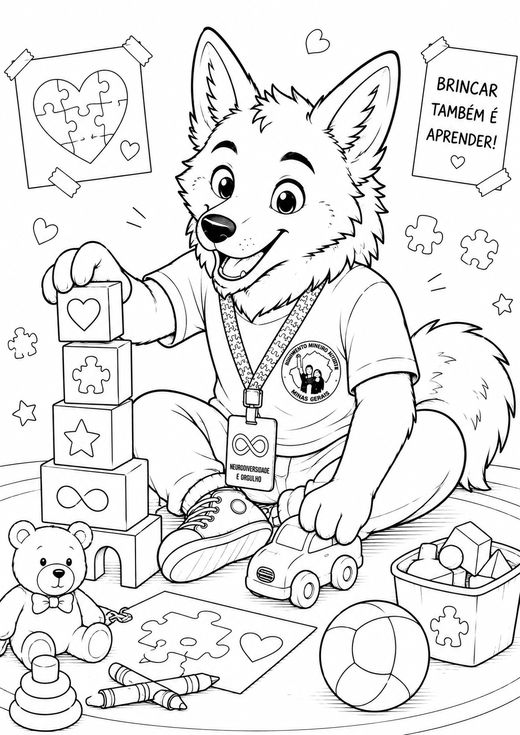 Desenho do Guará brincando com blocos e brinquedos, para colorir