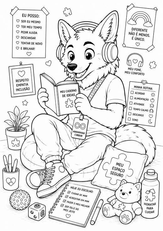 Desenho do Guará lendo no seu cantinho seguro, para colorir