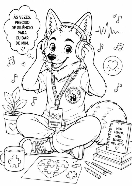 Desenho do Guará ouvindo música no fone de ouvido, para colorir