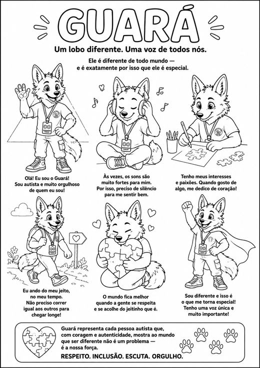 Página completa Conheça o Guará, com seis cenas para colorir