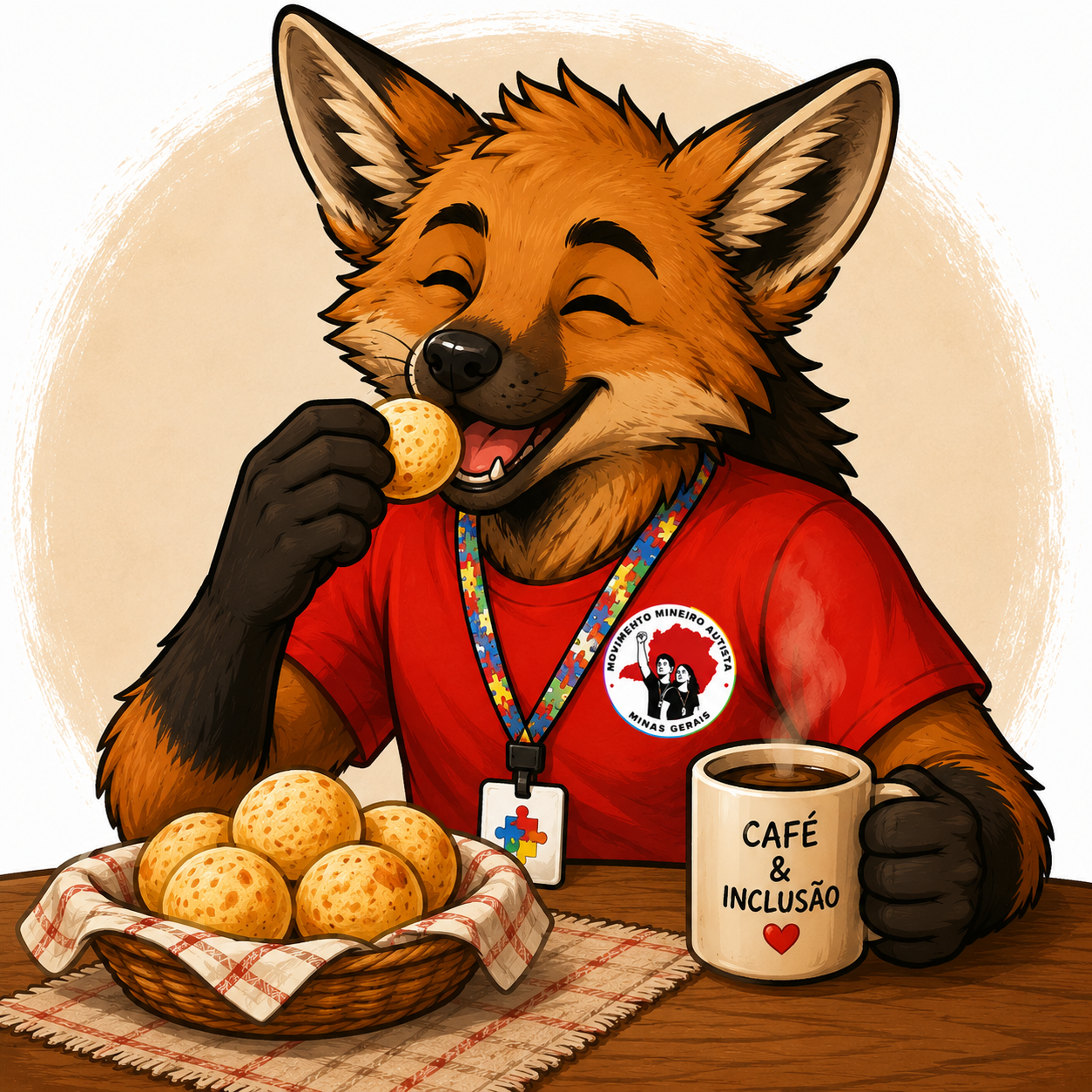 Guará comendo pão de queijo com uma caneca escrito Café & Inclusão